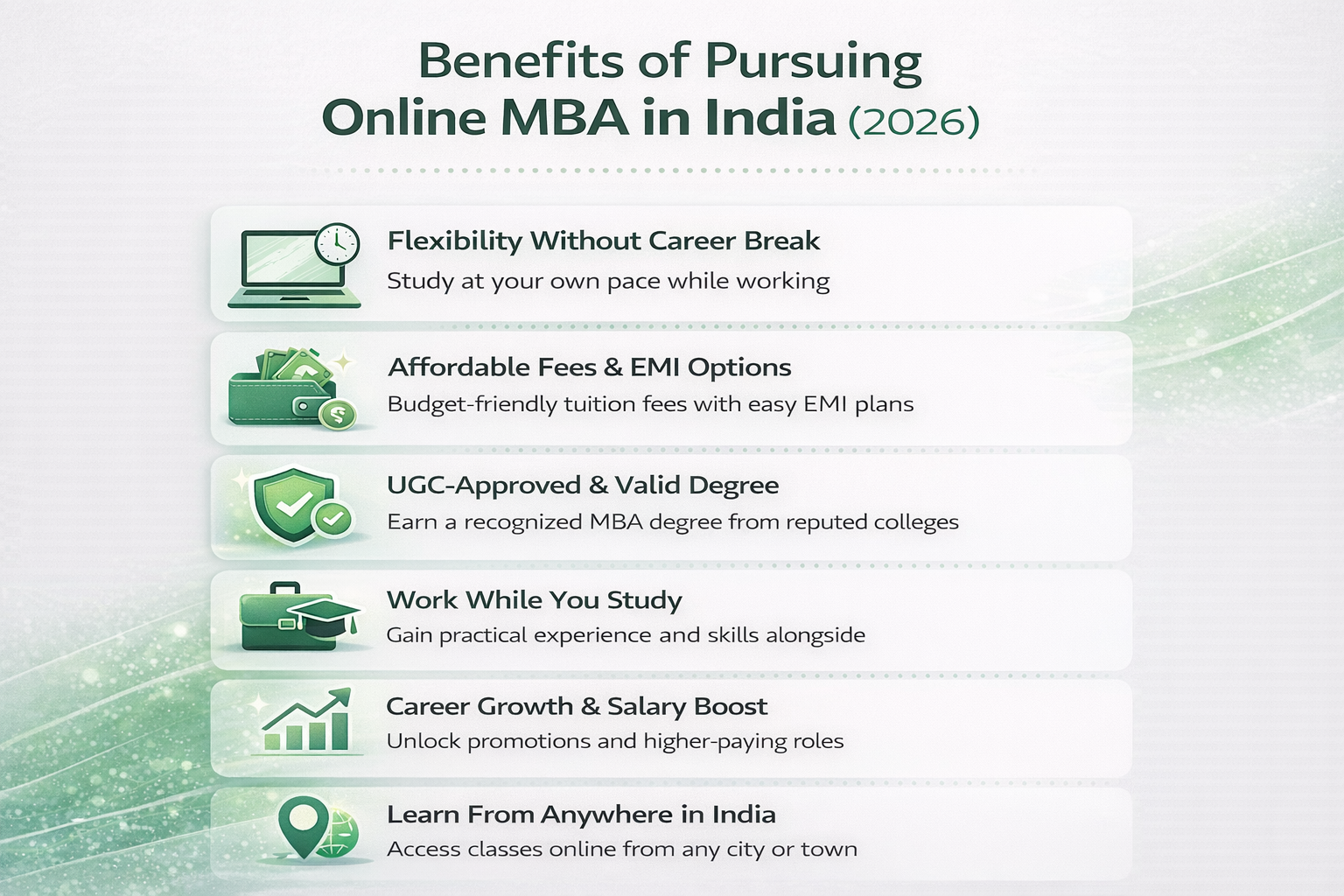 Infographic showing key benefits of pursuing an Online MBA in India in 2026, including flexible learning, affordable fees, UGC approval, work-while-study option, and career growth.