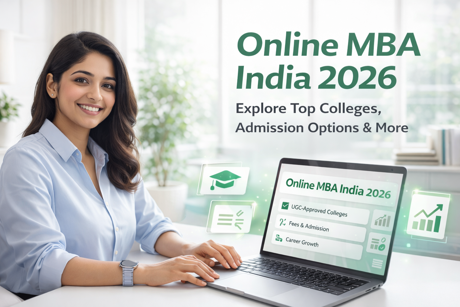 Indian working professional exploring Online MBA India 2026 colleges, fees, and admission options on a laptop in a modern home office.