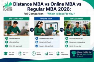Infographic comparing Distance MBA, Online MBA, and Regular MBA in 2026 with key differences in flexibility, fees, learning mode, campus life, and career opportunities.